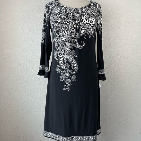 NWT London Times Black and White Flora and Paisley Midi Dress Size 10 - Picture 1 of 8